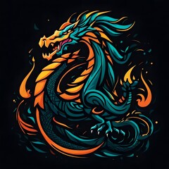 An imaginative, flat vector logo of a mythical dragon, rendered in dynamic colors and clean lines, creating a captivating image isolated on a solid black background.