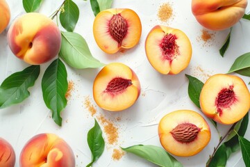 Various forms of peaches on a kitchen table including whole fruits with leaves halves and slices as well as the process of making peach jam and cooking peach d