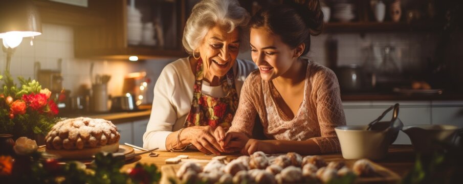 Grandmother, mother, daughter cook in kitchen, knead dough and bake cookies in kitchen