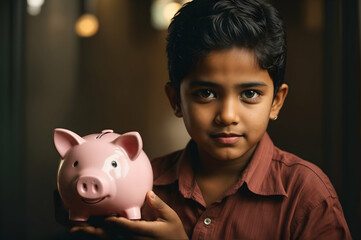 A child learns to save with his pink piggy bank,blur background. 