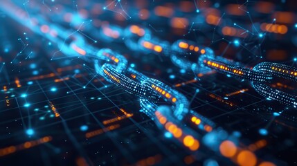 Abstract digital representation of a blockchain network with glowing blue nodes and interconnected chains on a dark background.