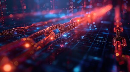 Fototapeta premium Abstract visualization of a blockchain network with glowing red nodes connected by chains on a futuristic dark grid background.