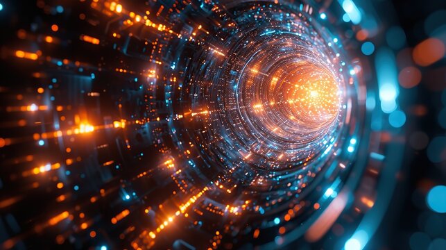 A vibrant orange and blue digital tunnel visualization representing data flow and network connectivity in cyberspace.
