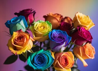 Beautifully arranged colorful bouquet of rainbow roses on blurred background.