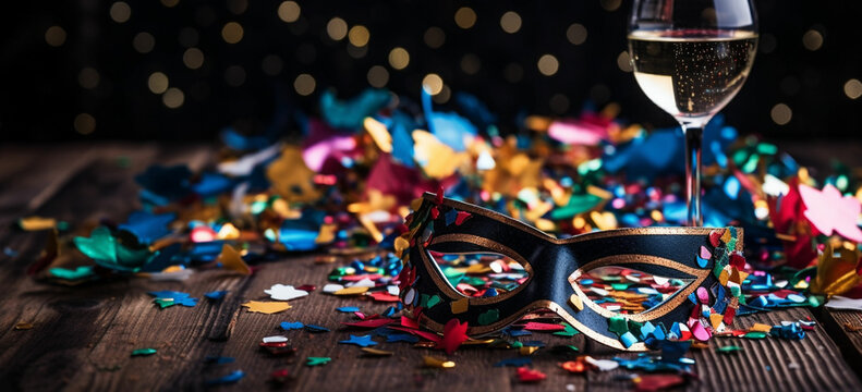 colorful confetti fallen from wine glass with masquerade carnival feather