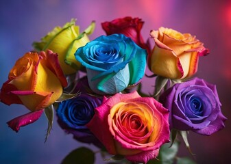 Beautifully arranged colorful bouquet of rainbow roses on blurred background.