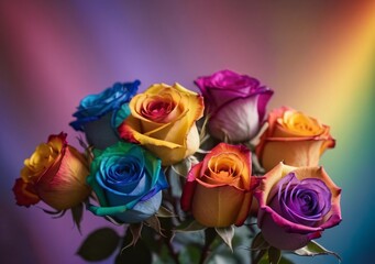 Beautifully arranged colorful bouquet of rainbow roses on blurred background.