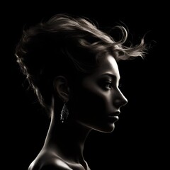 A face profile silhouette with gentle curves, capturing elegance and simplicity. Isolated on solid black background.  Upscaling by