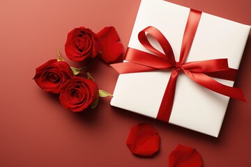 White gift box with red ribbon on red background. Top view. Blank for a greeting card. Gift card wrapped in red ribbon, Ai generated