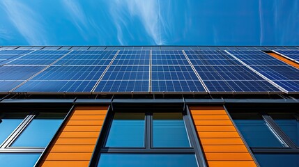 Obraz premium Angular view of solar panels installed on the side of an urban building, with a clear blue sky in the background, reflecting sustainable energy practices.