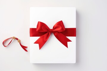 Gift box with red bow on white background, top view. Blank for a greeting card. Gift card wrapped in red ribbon, Ai generated