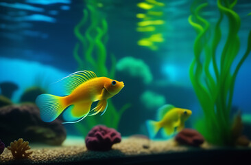 Naklejka premium A small neon bright yellow fish swims underwater