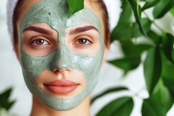 Young Woman with Herbal Clay Facial Mask Amongst Greenery
