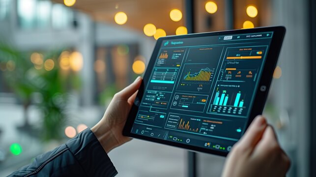 Close-up of hands holding a tablet displaying dynamic charts and data analysis trends, with a blurred office background featuring warm lighting.