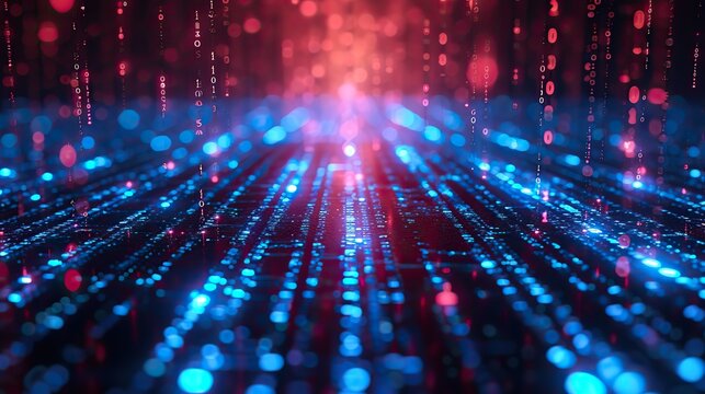 Vivid illustration of a digital data stream with binary code raining down in a cyberspace environment, symbolizing information technology and communication.