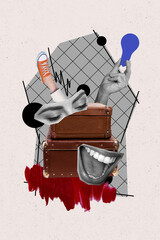 Psychedelic collage artwork of woman chaos in head inside retro suitcase diplomat with weird things...