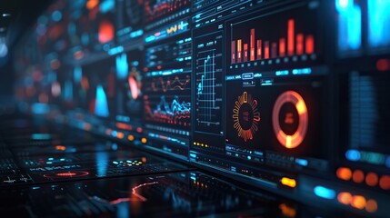 Fototapeta premium Advanced server room control panel displaying various data analysis interfaces with graphs, charts, and glowing elements, highlighting high-tech monitoring.