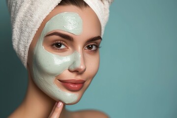Smiling Young Woman with Nourishing Green Clay Facial Mask