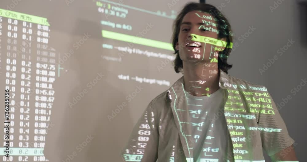 Poster Man, presentation and coding for technology solution with software for web 3.0 development. Programmer, projector and speaker person with pointing for feedback, show and teaching by board at workshop