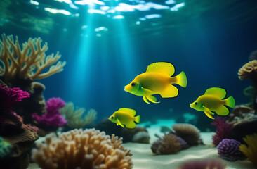 A small neon bright yellow fish swims underwater