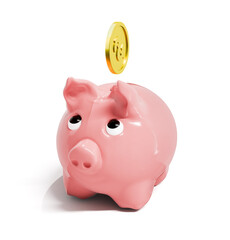 3d rendering of cute piggy bank and gold coin isolated on white background