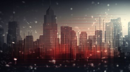 red graph on the background of the city, buildings and skyscrapers. stock exchanges, shares and investment market.