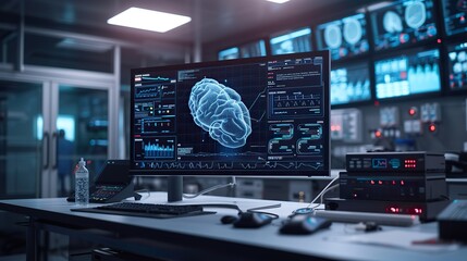 Modern neuroscience research lab with a detailed brain activity monitoring interface on a large display amidst scientific equipment.