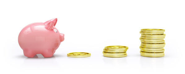 3D rendering of piggy bank and gold coins isolated on white background