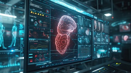 State-of-the-art diagnostic center featuring advanced medical imaging technology with a focus on a detailed holographic human digestive system.