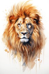 watercolor lion drawing with paints. art illustration of a wild animal on a white background. drops and splashes.