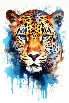 watercolor jaguar drawing with paints. art illustration of a wild animal on a white background. drops and splashes.
