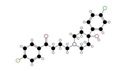 haloperidol molecule, structural chemical formula, ball-and-stick model, isolated image typical antipsychotic medication