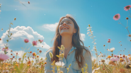 A joyful woman basks in the warm summer sun, surrounded by a sea of colorful flowers, her face...