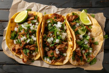 Three flat lay composition of Mexican pork carnitas tacos