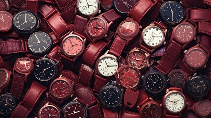 The background of many watches is in Burgundy color. - obrazy, fototapety, plakaty