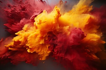 An explosive burst of vibrant red and yellow powders captured in mid-air, creating an intense and...