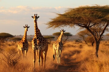 Obraz premium Giraffes grazing among acacia trees in the Savanna.AI generated