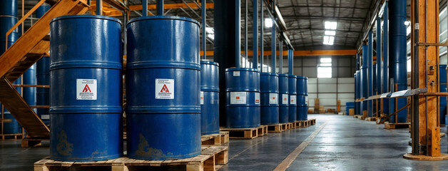 200 liter blue drums containing liquid chemical on wooden pallets in a warehouse, ready for customer dispatch. Concept of chemical manufacturing and industrial logistics - obrazy, fototapety, plakaty