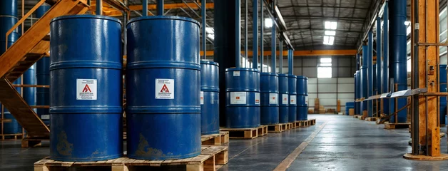 Fotobehang 200 liter blue drums containing liquid chemical on wooden pallets in a warehouse, ready for customer dispatch. Concept of chemical manufacturing and industrial logistics © nasir1164