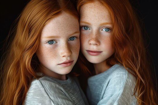 Redheaded sisters in casual wear serious gaze close bond overcome troubles