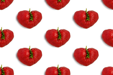 Ugly strawberry in the shape of a heart on s white background. Seamless pattern.Funny, ugly vegetables.