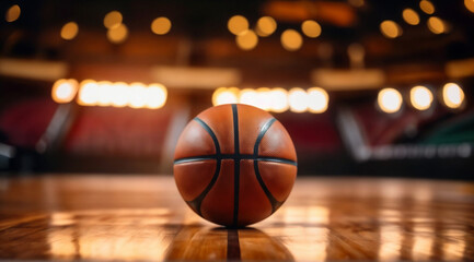 A basketball sits on the court in a dark arena with a bokeh effect