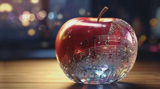 half a musical note symbol inside an apple made of crystal. 4k animation video.