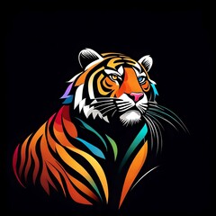 A vibrant and sleek flat vector logo featuring a singlefaced tiger in colorful tones, isolated on a solid black background. Captured with precision by an HD camera.  Upscaling by