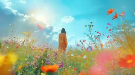 Papier Peint photo Turquoise A woman stands among the vibrant poppies in a sprawling field, surrounded by the beauty of nature under a clear summer sky