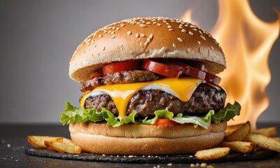 Gourmet Fire Fusion: Taste the Brilliance of a Juicy Burger in the Flames