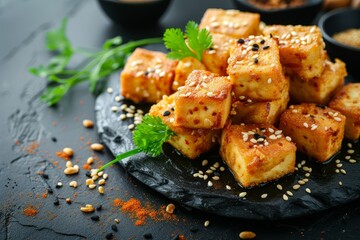 Spiced sesame tofu on black backdrop - obrazy, fototapety, plakaty
