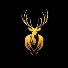 Present a captivating scene of a minimalist deer logo in a goldenrod shade, harmoniously placed on a sleek black solid background. Isolated on solid black background.  Upscaling by