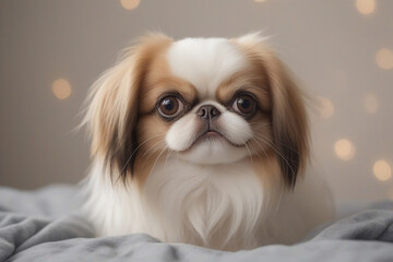 Fantastic close-up photo of a cute funny Japanese Chin on a light background.