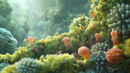 The concept of beneficial bacteria in a natural setting, showcasing the symbiotic relationships between bacteria and plants - obrazy, fototapety, plakaty